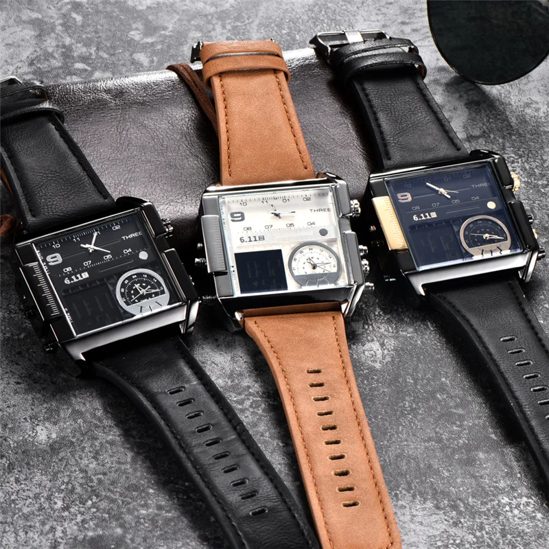 Montres carrées étanches à LED pour hommes, montres à fuseaux horaires multiples, marque de luxe, montre de sport