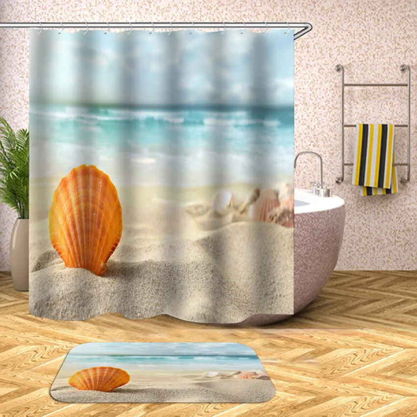 Waterproof Shower Curtain Beach Shell Sea Bath Curtains For Bathroom Bathtub Bathing Cover Extra Large Wide With 12pcs Hooks