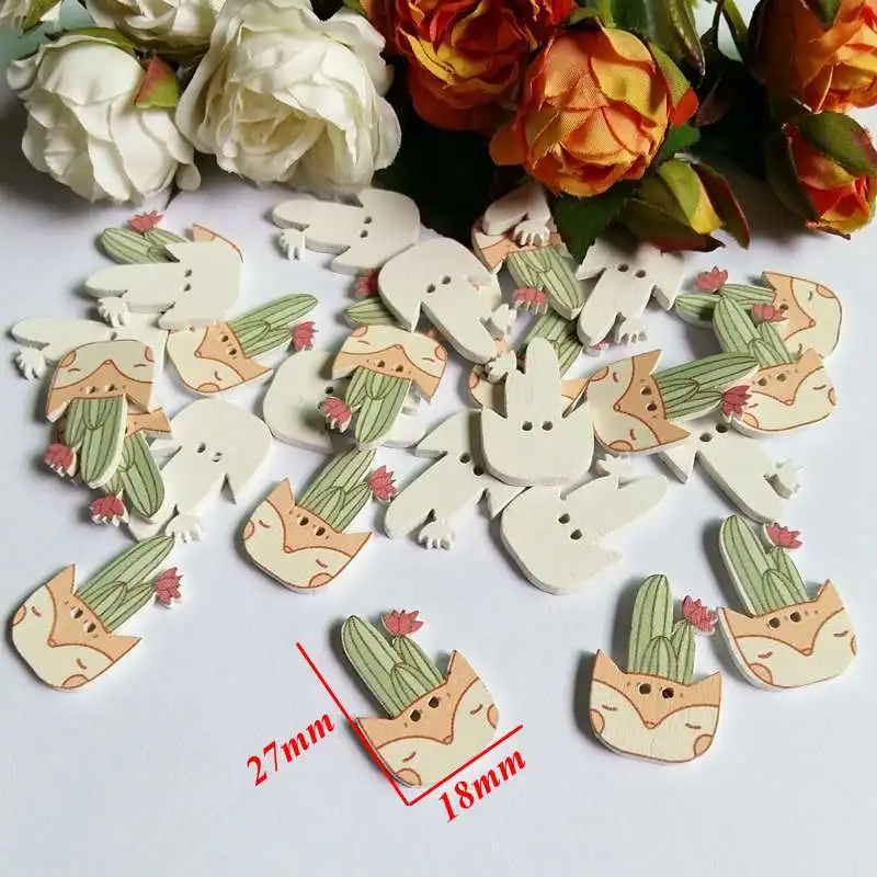 New 50PCs Mixed 5 Style 2-Hole Wooden Buttons Potted cactus Pattern Fit Sewing DIY Scrapbooking Accessories botones decorativos