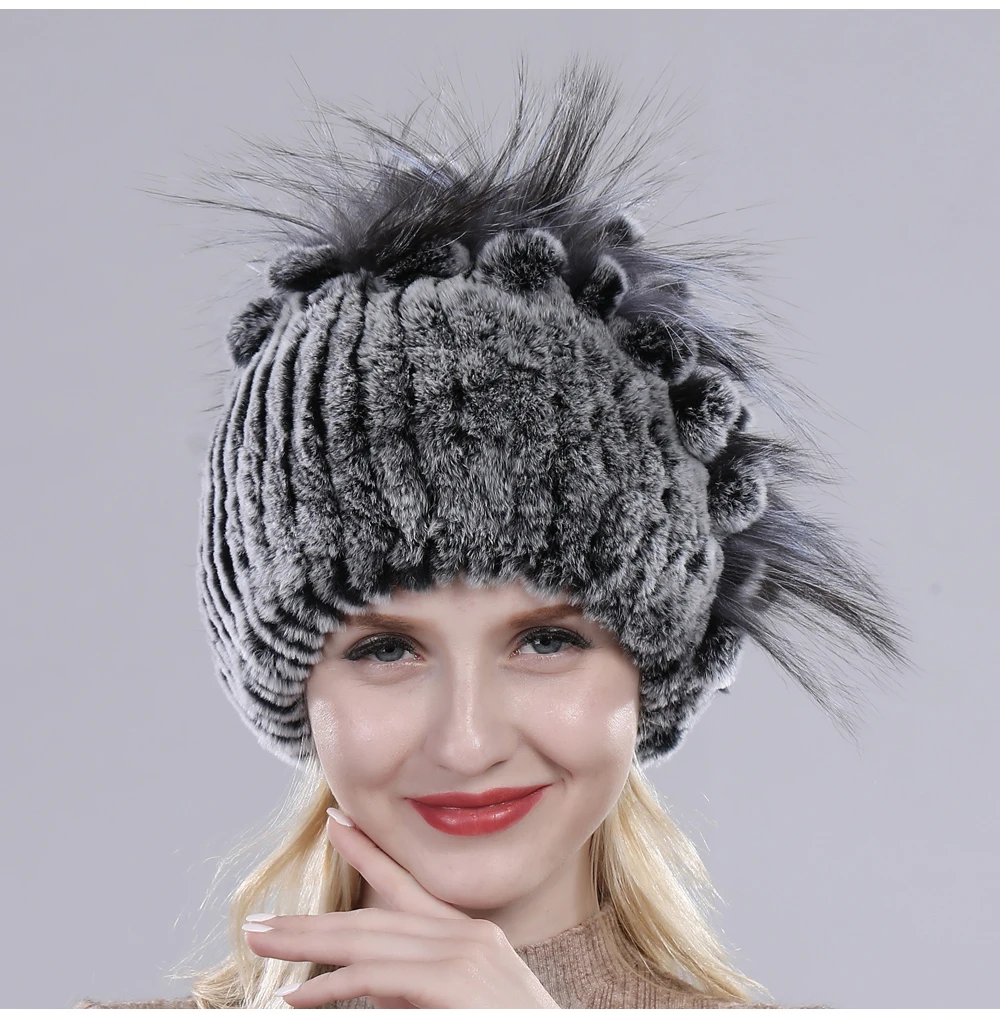 Neue Russische Damen Echt Rex-Kaninchenfell Mützen Luxuriöse Gestrickte Blumen Echte Rex-Kaninchenfell Kappe Winter Echt-Fell Beanie Mütze – Detail 9
