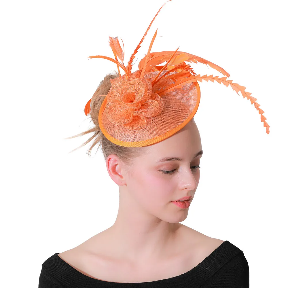 

Women Sinamay Married Chapeau Hats Ladies Elegant Nice Orange Fascinators Wedding Headwear With Fancy Feathers Hair Accessories