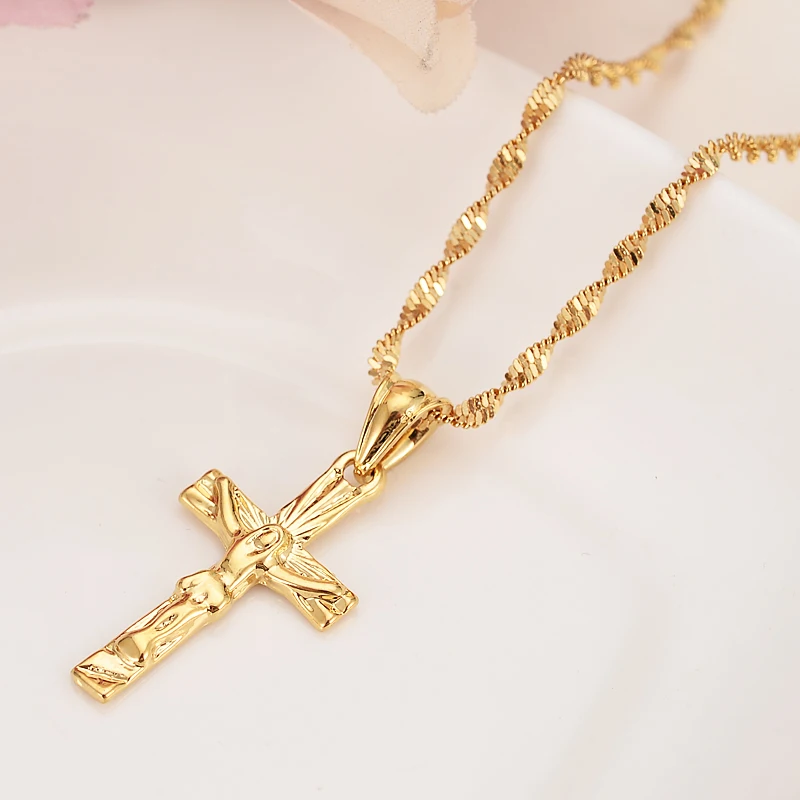 Jesus Cross Jewelry Sets Classical Necklaces Earrings Set Gold Color Brass,Arab/Africa Wedding Bride\'s Dowry Women Girls Gifts