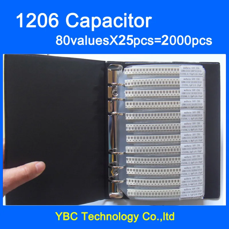 Free Shipping 1206 SMD Capacitor Sample Book 80valuesX25pcs=2000pcs 0.5PF~1UF Capacitor Assortment Kit Pack