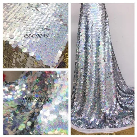 YACKALASI duże cekinowa koronka tkaniny pół jarda rybia łuska sukienka tkaniny Hologram Disc Spangle haftować Multicolor 45cm * 130cm