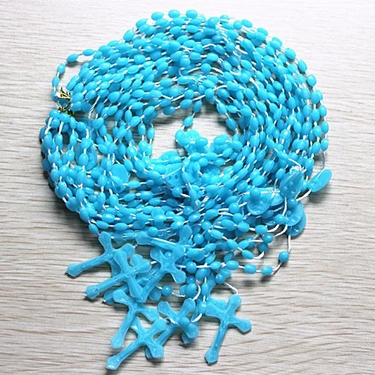 12pcs/pack fashion Light Blue Catholic Religious Prayer plastic beads(7*5mm) rosary necklaces,LKXL004