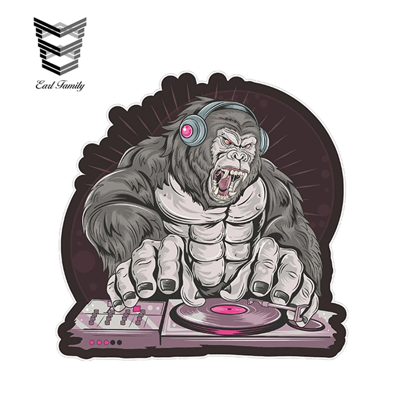 EARLFAMILY 13cm x 12.92cm DJ Gorilla Stereo Music Vinyl Car Sticker Cartoon Animal Decal Cool Car Styling Waterproof Accessories