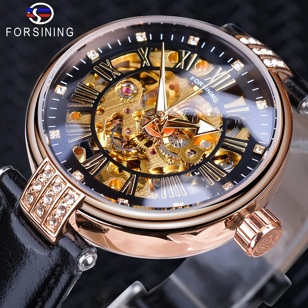 Forsining Fashion Vrouwen Diamond Skeleton Display Design Waterdichte Luxe Lady Automatische Horloges Lichtgevende Handen Echt Leer