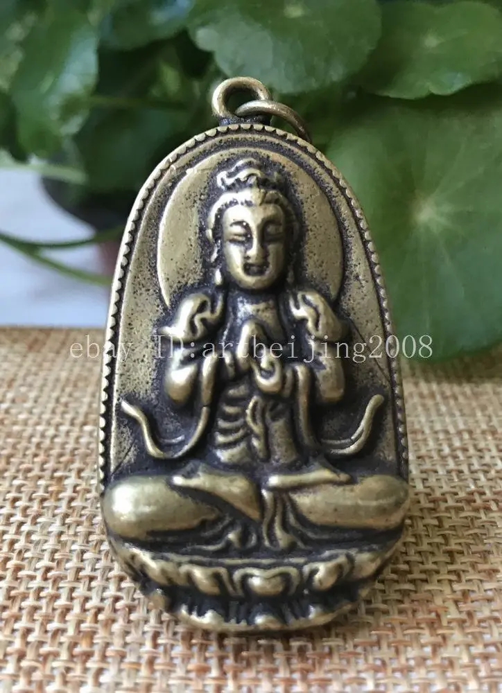 China Bronze Brass Luck Mahasthamaprapta Guanyin Kwan-Yin Buddha Amulet Pendant