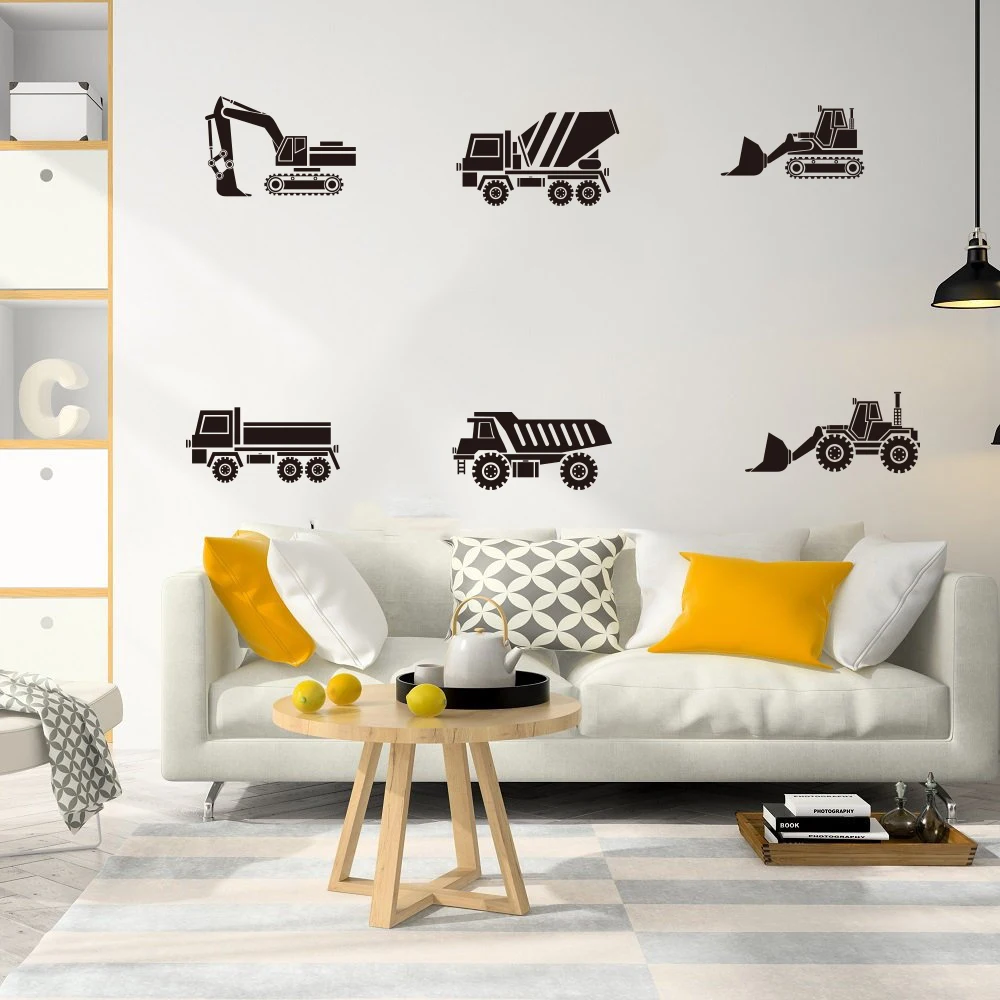 Cartoon 6pcs Construction Truck Crane  Bulldozers Wall Decal Kids Room Construction Builder Vehicle Wall Sticker Playroom Vinyl