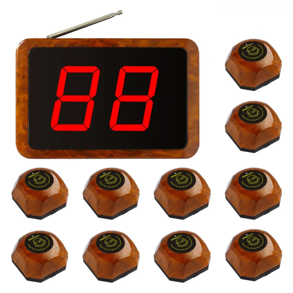 SINGCALL Wireless Paging Button of 1pc APE1000 and 10pcs Bblack APE560, Nice Call Button and Smart Display Receiver