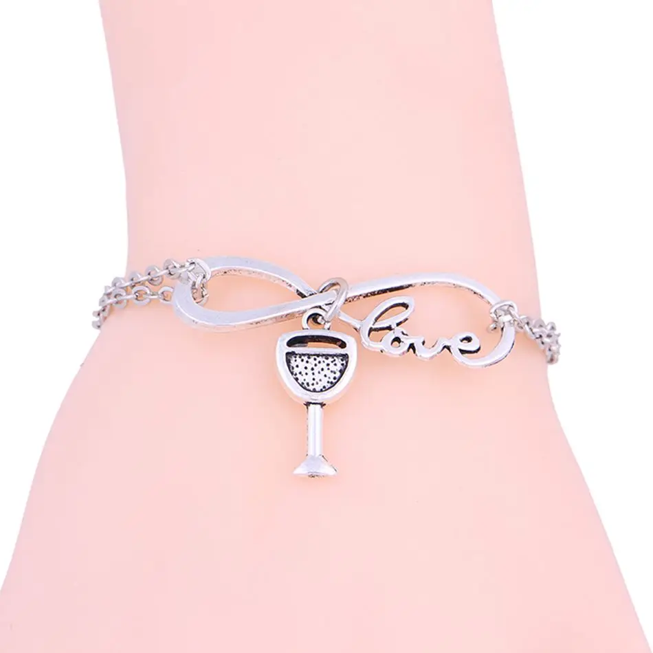 30Pcs Alloy Fashion Women Infinity Red Wine Glass Bangle Pendant Bracelet Chain Charm Jewelry 17cm+5cm z0345