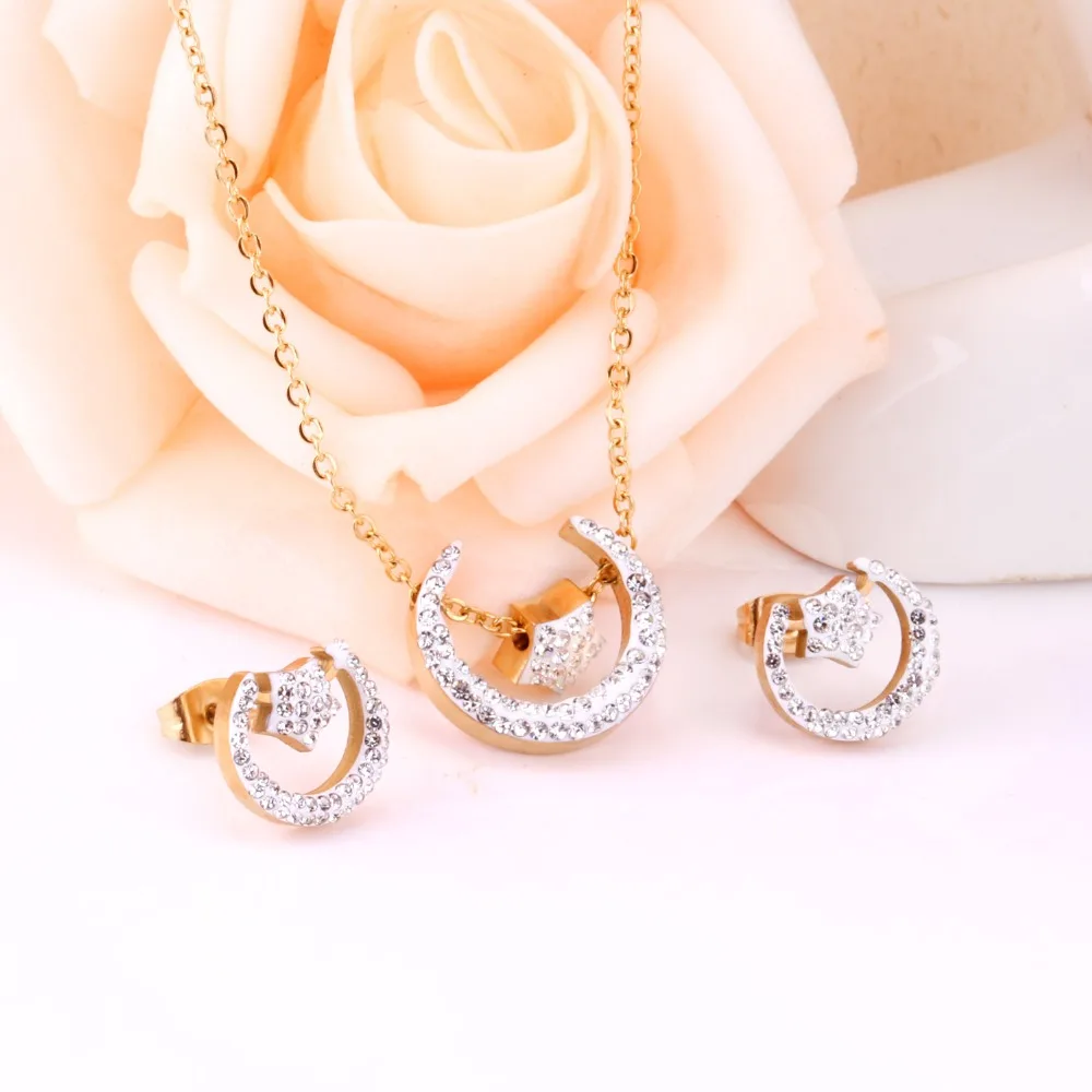 LUXUSTEEL Crystal Jewelry Sets Stainless Steel Golden Color Moon and Satr Pendant Necklace Stud Earring Jewelry Bijoux