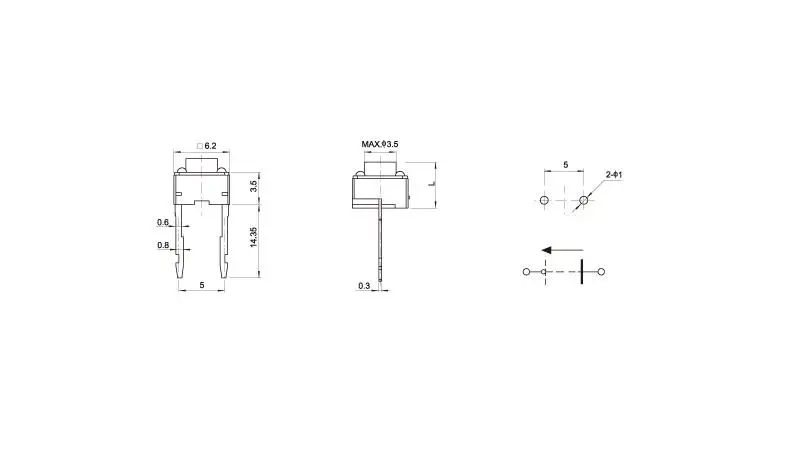 촉각 스위치 순간 전술 6x6x4.3 6x6x4.3mm 중간 핀 2 핀, 100 개