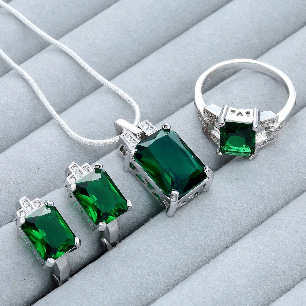 Hainon Stylish Jewelry Set for Women Engagement Green Zircon Silver Color Earring Rings The Best Choice for Wedding Party Gift