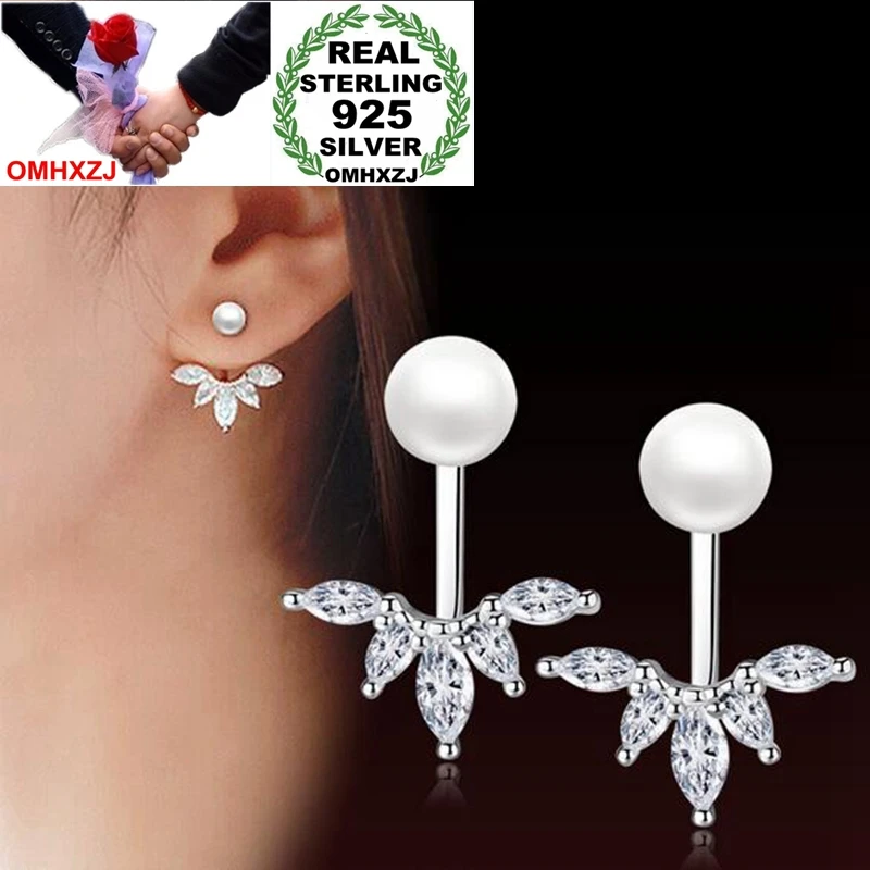 OMHXZJ Wholesale Sweet Fashion joker for Woman Bride Gift Peacock tail Pearl 925 Sterling Silver After Hang Stud Earrings YS275