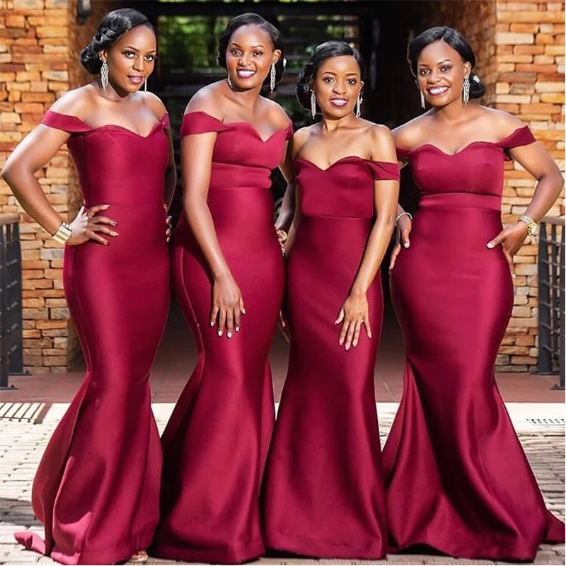 Off The Shoulder Bridesmaid Dresses Long Burgundy Satin Mermaid Style Robe De Soiree African Women Wedding Party Dresses 2019