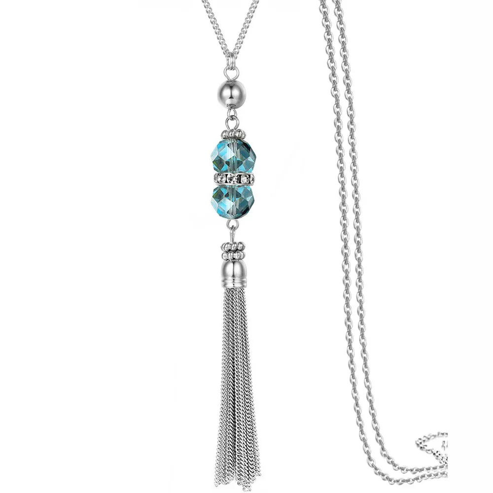 2024 New Crystal Bead Sweater Chain Necklace for Women Fashion Silver Color Tassel Pendant Long Necklace Statement Neck Jewelry