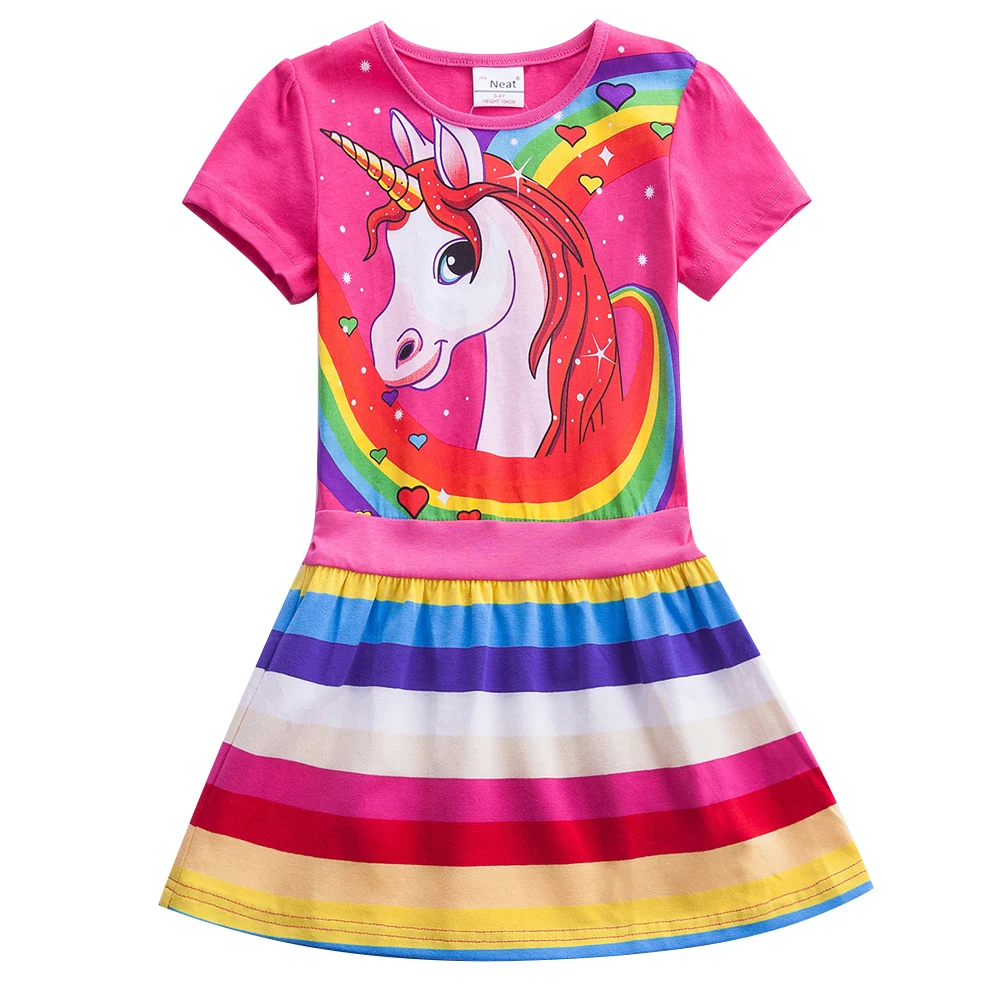 Girls Short Sleeve Unicorn Dress Summer Dress Cotton Casual A Word Rainbow Striped Dress Kids Dress SH6219