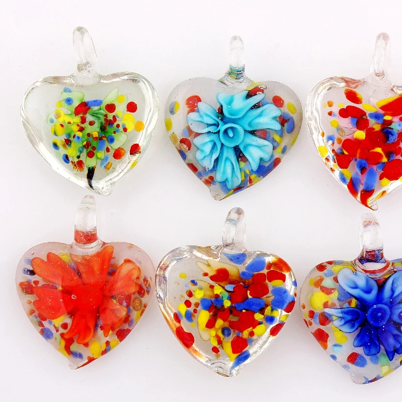 Qianbei Fashion Handmade Murano Lampwork Glass Mix Color Flower Heart Pendants For Necklace Wholesale 6pcs