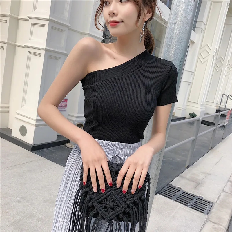 Summer Women's Off-shoulder Knitted T-shirt Girls Stretchy Solid Sexy Cropped T shirts Tees Knitwear For Female