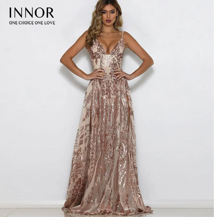 

Sexy Low Deep V Neck Shiny Sequin Long Dress For Ladies Evening Party Vestidos High Split Floor-Length Birthday Dresses