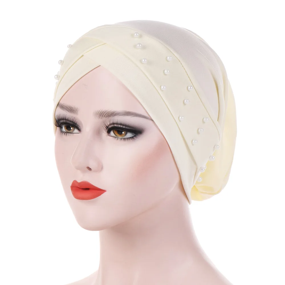 New Women's Elastic Bead Cross Cotton Turban Head Hat Chemo Beanies Cap Headgear Female Headwear Headwrap Hair Accessories