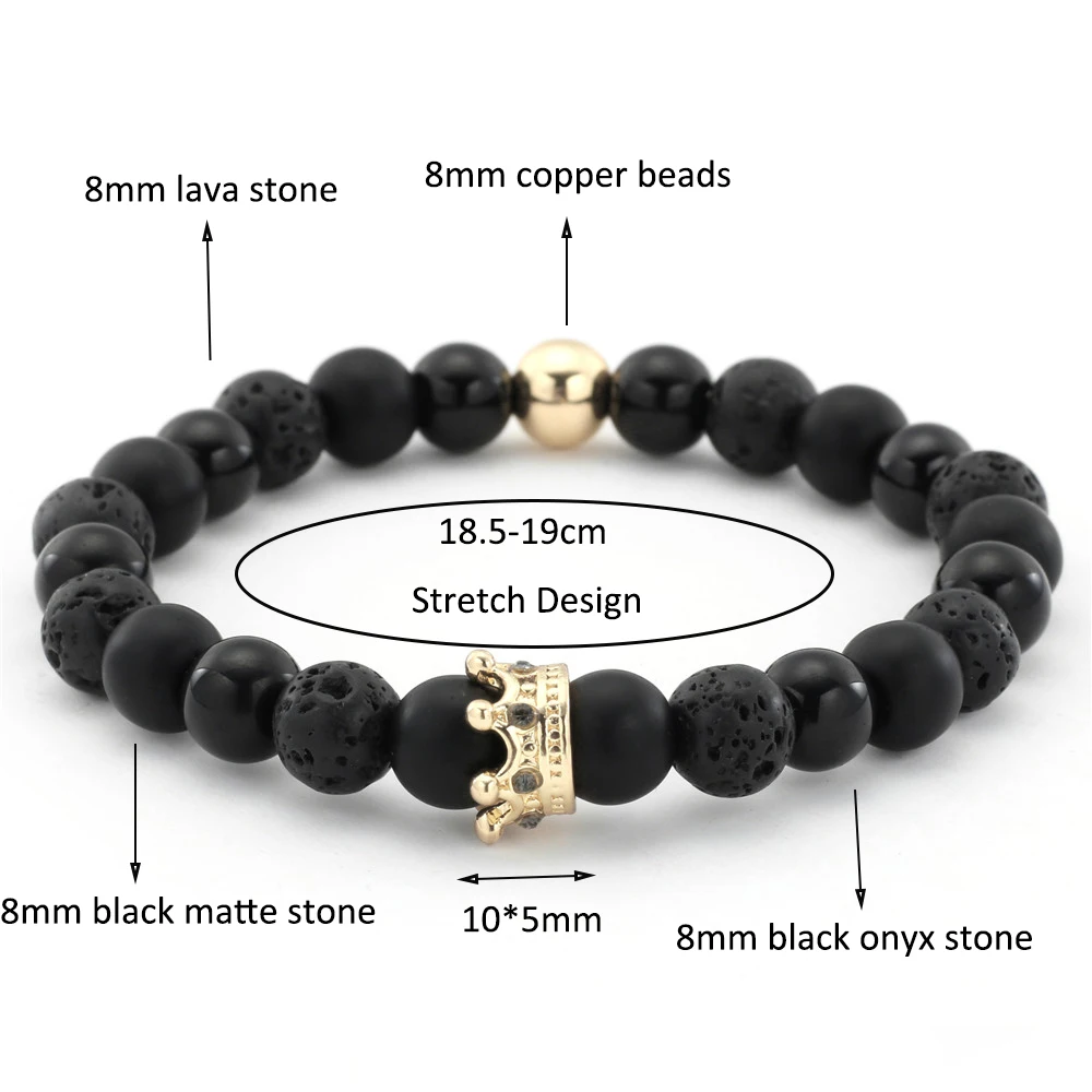 2Pcs/Sets Micro Pave CZ Crown Charm Bracelets Set For Women Men's Lava Howlite Stone Beadc Couple Bracelet Bangles Sets Pulseira