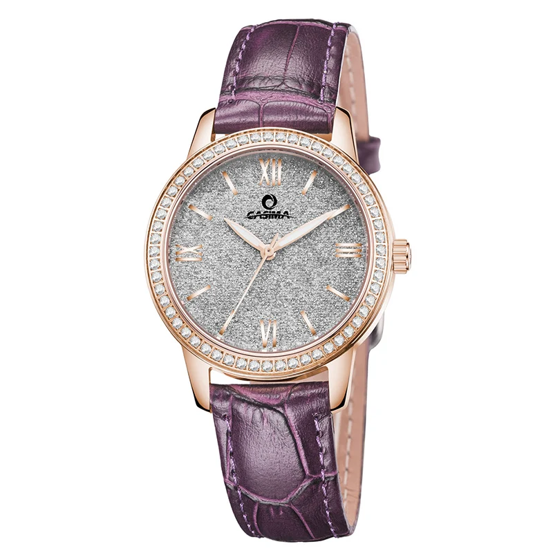 2020 New Fashion Elegant Women's Watch Stainless Steel Ladies Watch with Rhinestone Red & Purple Leather Strap Waterproof 6602