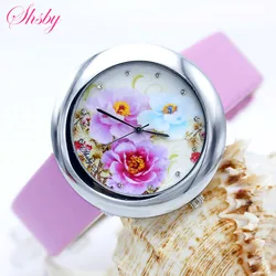 Shsby Merk Bloemen Lederen Band Horloges Vrouwen Jurk Horloge Mode Meisje Casual Quartz Horloge Dames Strass Quartz Horloge Gift