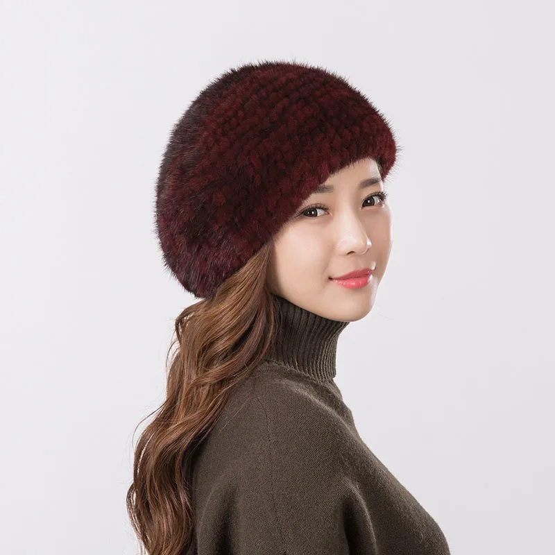 Women\'s fur beret hat high quality mink knitted hat Fashion warm mink velvet knitted fur beret cap