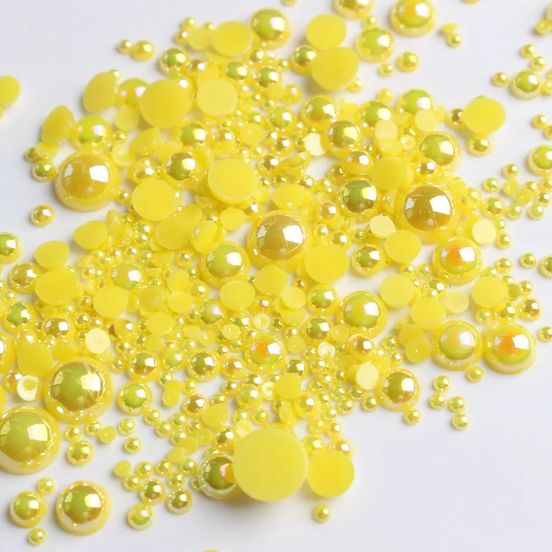 ABS Half Round Flatback Pearls Lemon Yellow AB Color Mix Size 2mm/3mm/4mm/5mm/6mm/8mm 15g Beads Diy Accessories Free shipping