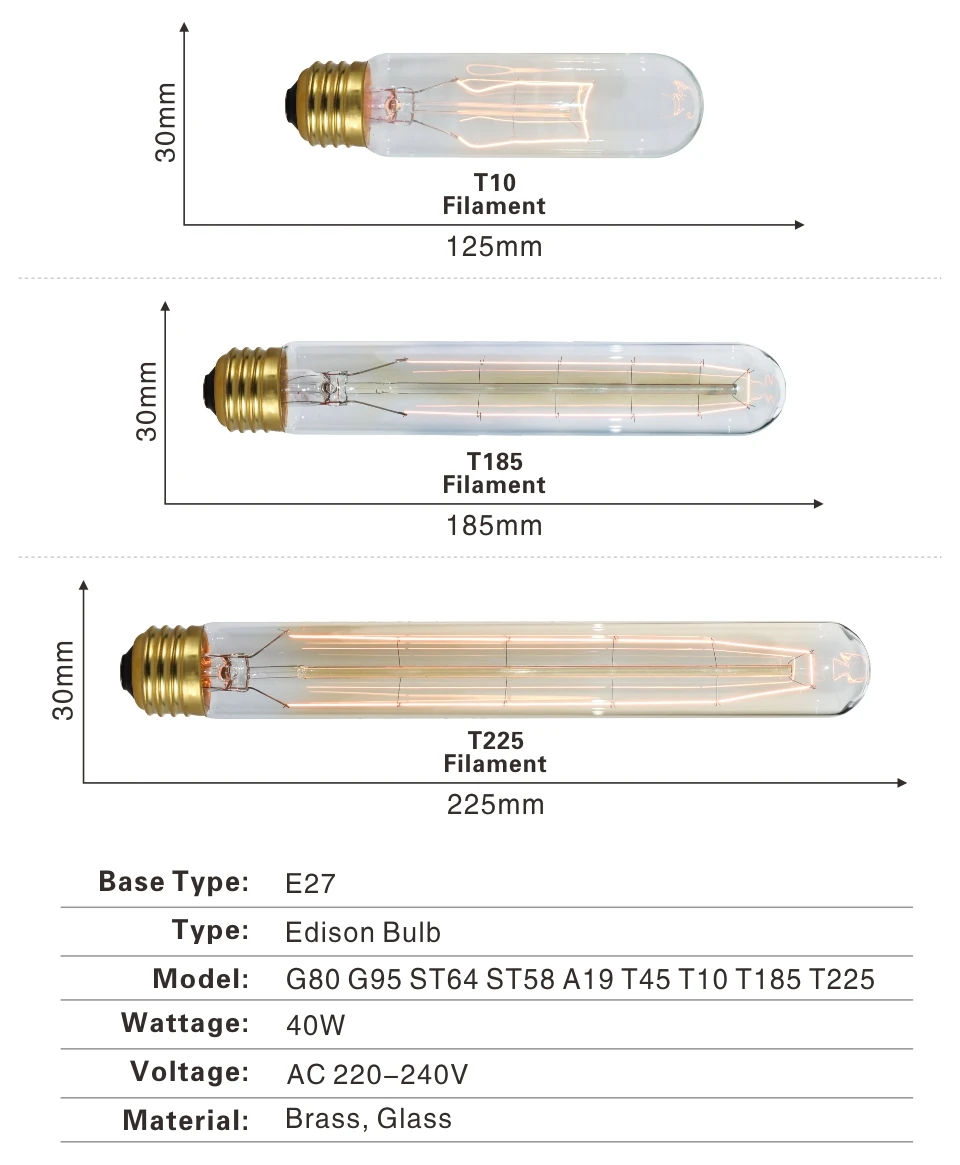 Edison Glühbirne E27 220V 40W ST64 A19 G80 G95 T10 T45 T185 Retro Filament Glühlampulle Birne Vintage Edison Lampen – Detail 4