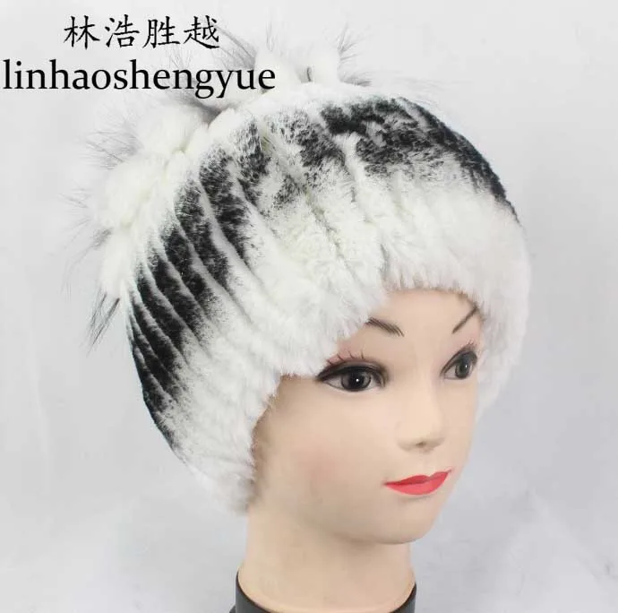 Linhaoshengyue Fashion  Real Fur  Rex Rabbit Fur Women Hat with Fox Fur  Women Cap  Winter Warm Freeshipping