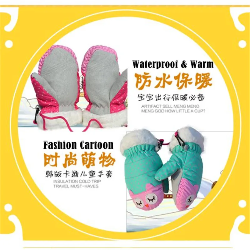 Luvas de esqui de veludo infantil, luvas quentes, antiderrapantes, impermeáveis, fofas, desenhos animados, para crianças de 3 a 12 anos, inverno, 2x