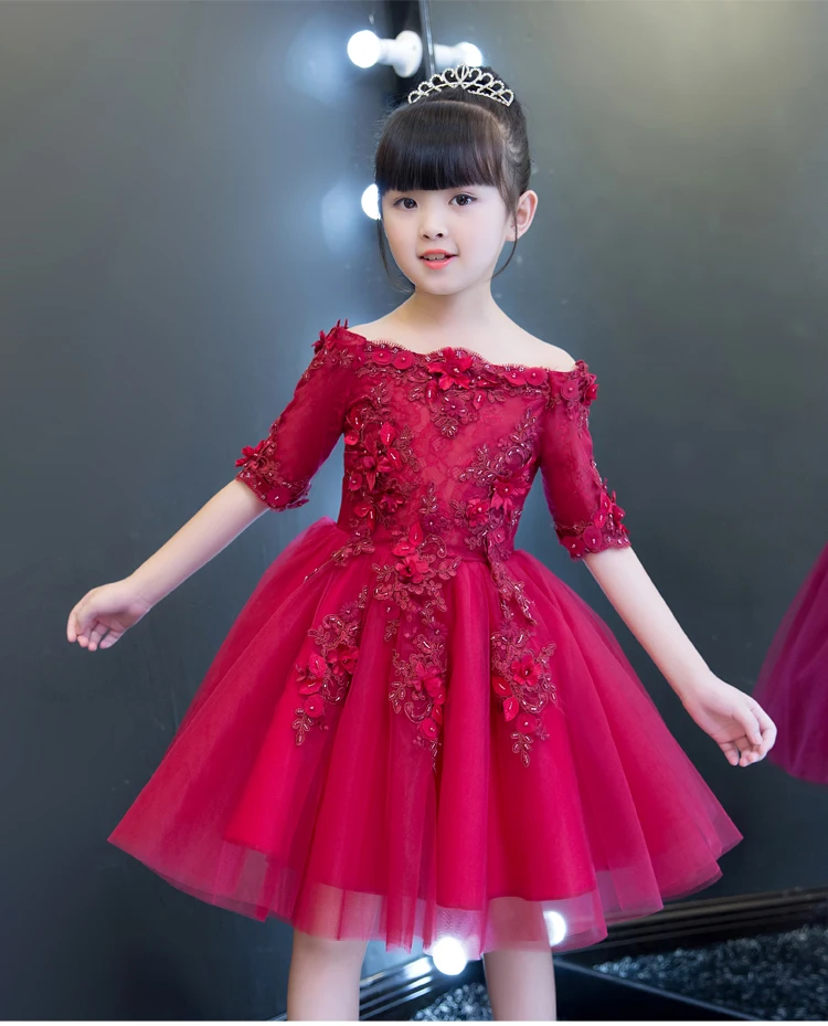 Red Tulle Shoulderless Flower Girls Dresses For Wedding Appliques Formal Girl Birthday Party Dress Princess Ball Gown