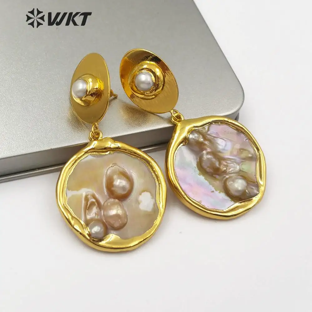 

WT-E528 Natural Pearl Earring Jewelry Round Shape Pearl Drop Earring With Gold Electroplated Women Fashion Earring Jewelry