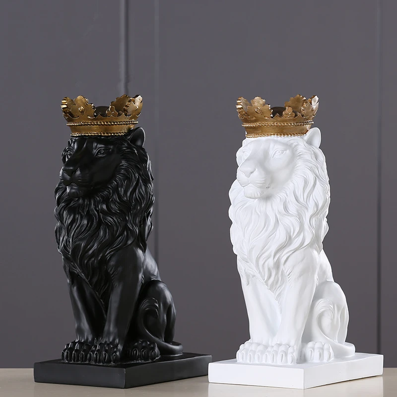 4 Color Creative Golden Crown Lion Statue Modern Resin Black/White Animal Figurine Home Decoration Desktop Crafts Sculpture