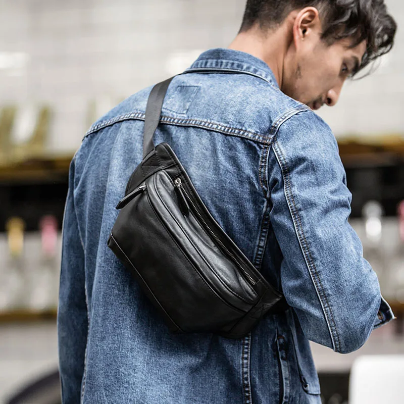 AETOO-Bolso de pecho de cuero para hombre, bandolera informal de primera capa, a la moda, nuevo