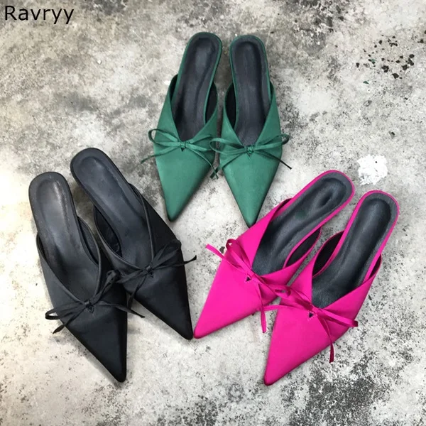 

2018 fashion rose silk Woman high heels retro style bowknot decor Pointed Toe Sexy Pumps Thin Heel Slip-on female dress shoes