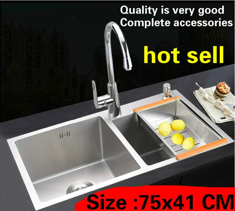 

Free shipping Apartment kitchen manual sink double groove food grade durable 304 stainless steel high-grade hot sell 75x41 CM