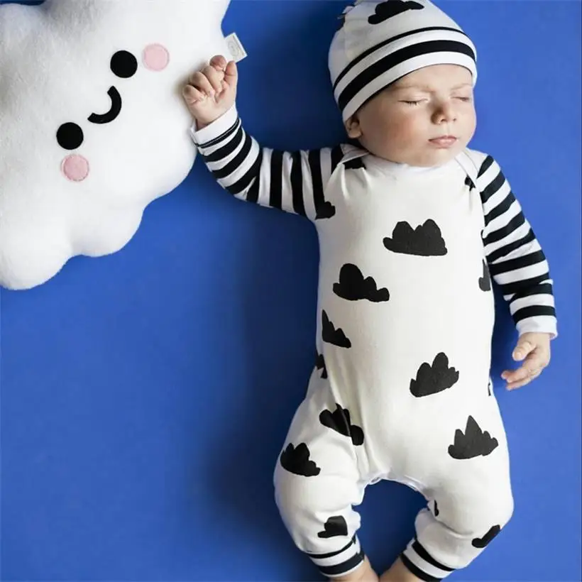 New Arrival Baby Boy Rompers Hat Suit Newborn Jumpsuits Cloud Black Stripe Bebe Roupas Baby Girl Clothes 100% Cotton image 5