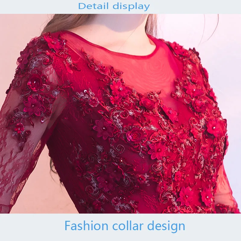 Top Quality Burgundy Prom Dresses Scoop Neck Half Sleeves 2019 A-line Elegant Formal Party Dresses 3D Appliques Prom Gowns