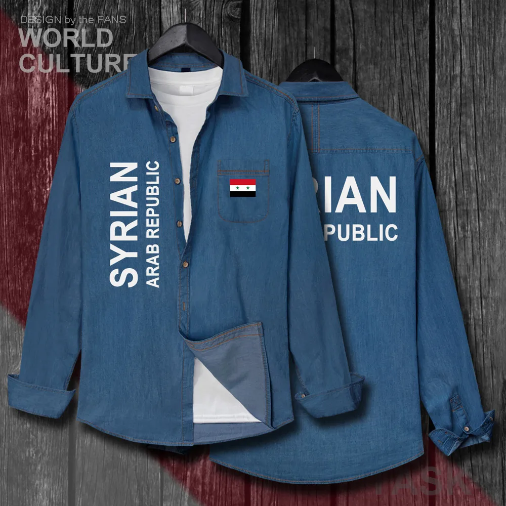 

Syrian Arab Republic Syria SYR Arabic Men Flags Clothes Autumn Cotton Long Sleeve Cowboy Coat Turn-down Collar Jeans Shirt Tops