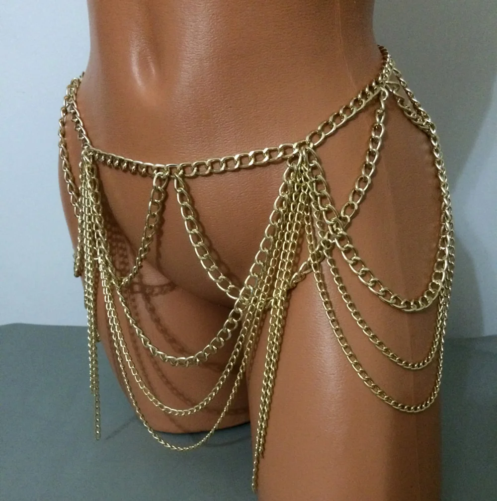 Chran Gold Silver Color Dangle Multilayer Tassel Women Sexy Bikini Beach Body Chain Link Necklace Belly Waist Slave Chain BCJ605