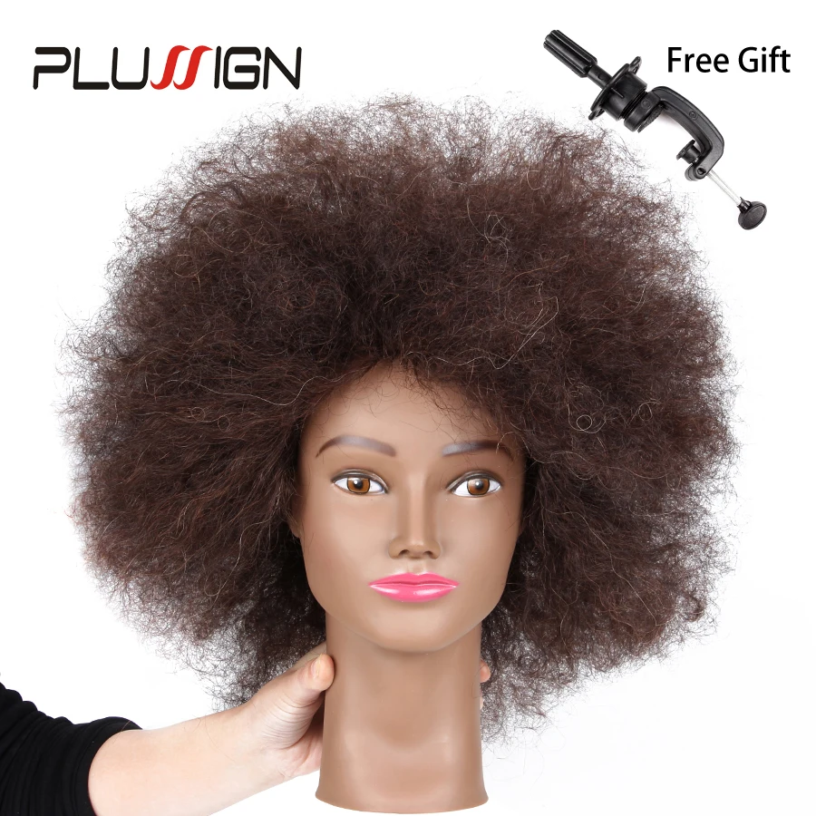 Plussign Traininghead Salon Afro Mannequin Head Human Hair Dummy Doll Hairdressing Training Heads Real Hair Manikin Head Black