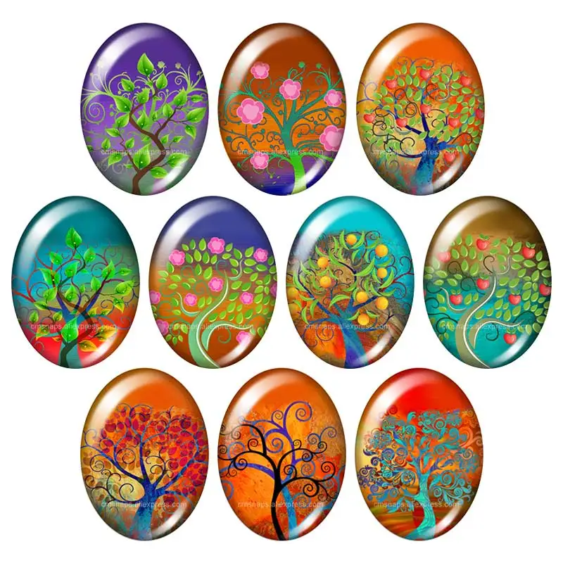 Beauty Colorful Magical Life Tree 10pcs 13x18mm/18x25mm/30x40mm mixed Oval photo glass cabochon demo flat back Jewelry findings