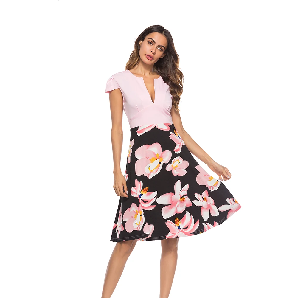 

Elegant Woman New Stylish Sexy Club Party Summer V Neck Pactwork Midi Floral Printed Cap Sleeve A Line Dress