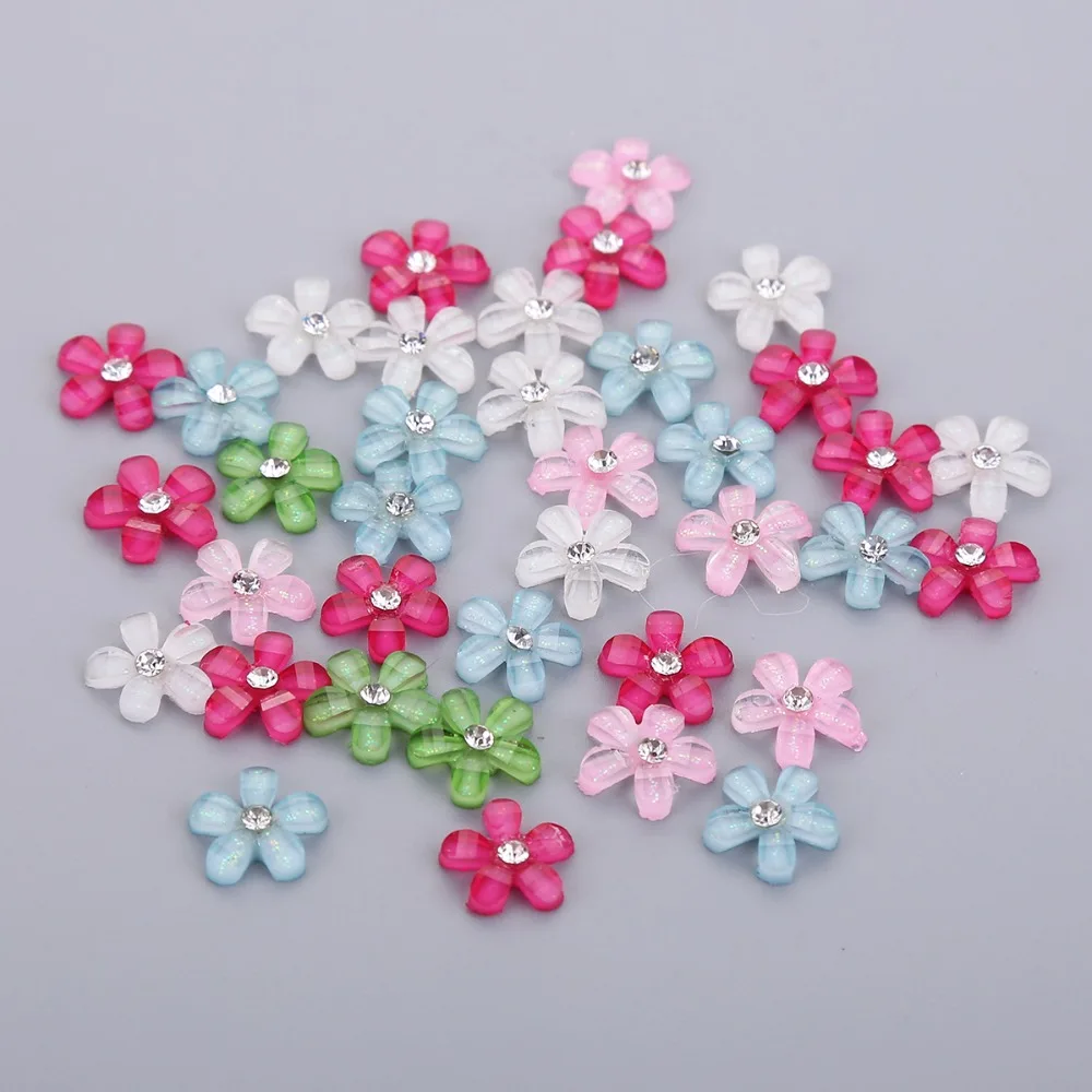TPSMOC 10mm 100pcs cute resin flower with rhinestone flatback cabochon for DIY Scrapbooking,nail artdecoration beads craft