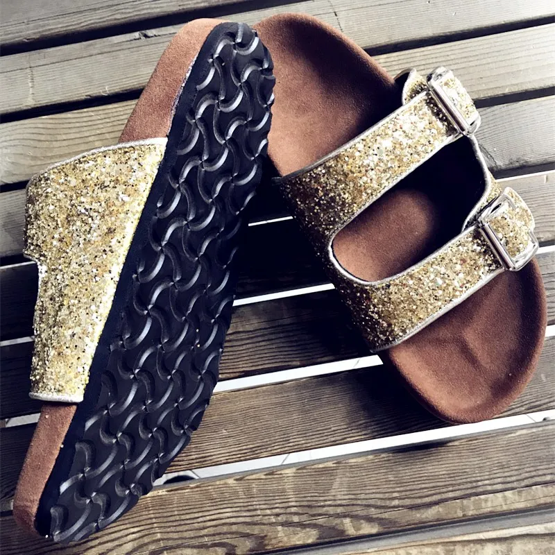 Glitter Sequins Slipper Sandals Women Gold/silver Paillette Metal Buckle Thick sole Flats Summer Simple Outside BeachSlide Shoes