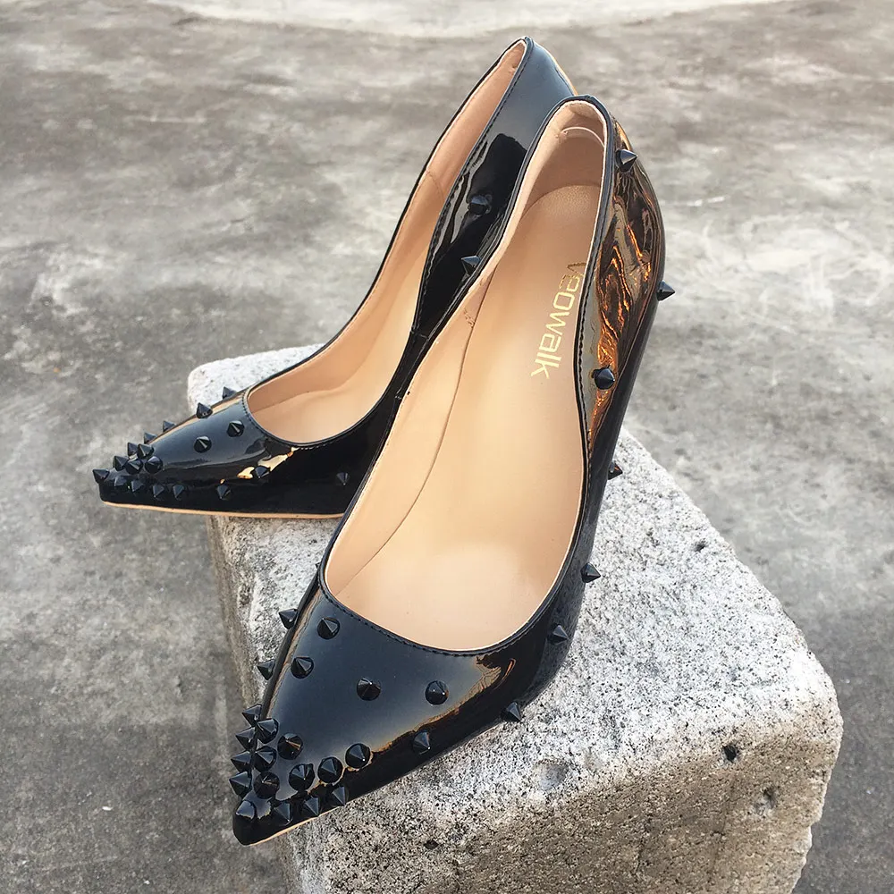 Veowalk Rivets Women Sexy Extreme High Heels Fashion Ladies Patent Leather Pointed Toe Stiletto Pumps Shoes Color Customized